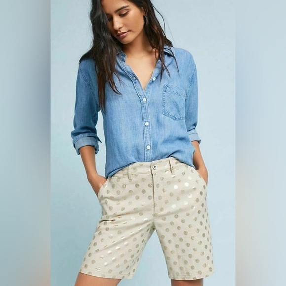 Anthropologie Pants - ANTHROPOLOGIE Gold Foil Polka Dot Linen Blend Bermuda Shorts Size 25